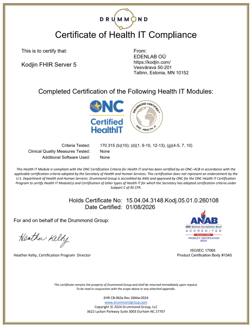 Certificate of Health IT compliance of Kodjin